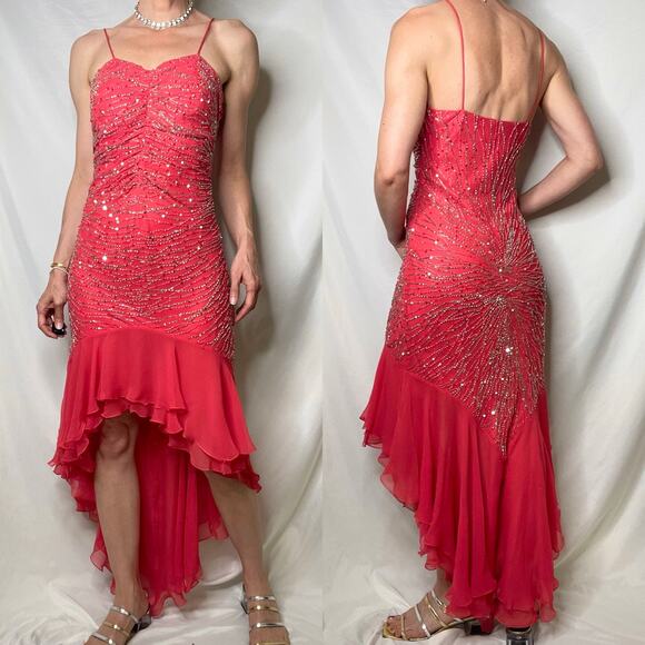 Scala prom dress coral pink 100% silk‎ ruffle hem slip gown beaded sequin formal - Picture 14 of 17